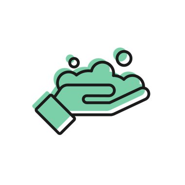 Siyah çizgi, beyaz arka planda izole edilmiş sabun ikonu ile ellerini yıkıyor. Virüs ve bakterileri önlemek için ellerini sabunla yıkıyorsun. Vektör İllüstrasyonu.