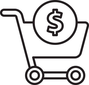 Siyah çizgi alışveriş arabası ve dolar sembolü beyaz arka planda izole edilmiş. İnternetten satın alma konsepti. Teslimat servisi. Süpermarket sepeti. Vektör İllüstrasyonu.