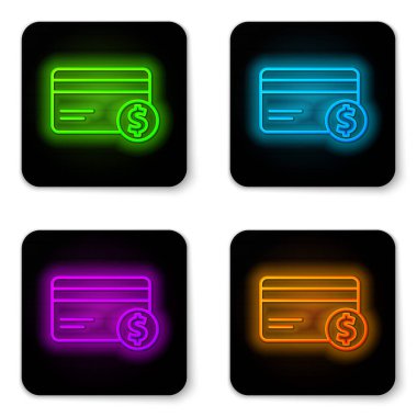 Parlayan neon hattı kredi kartı ve dolar sembolü beyaz arka planda izole edilmiş. Çevrimiçi ödeme. Nakit çekilmesi. Finansal operasyonlar. Siyah kare düğme. Vektör İllüstrasyonu.