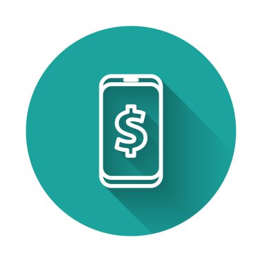 Dolar sembollü, uzun gölgeli beyaz çizgi akıllı telefon. İnternetten alışveriş konsepti. Finansal cep telefonu. Çevrimiçi ödeme. Yeşil daire düğmesi. Vektör İllüstrasyonu.