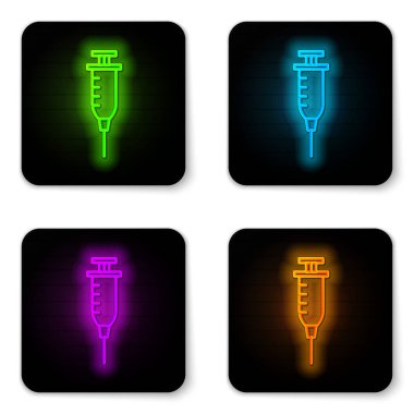 Parlayan neon çizgisi şırınga simgesi beyaz arkaplanda izole edildi. Aşı için şırınga, aşı, iğne, grip aşısı. Tıbbi ekipman. Siyah kare düğme. Vektör İllüstrasyonu.