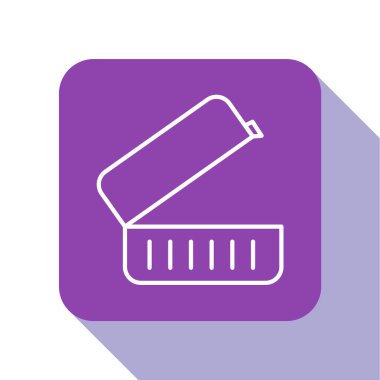 Beyaz çizgi beslenme kutusu simgesi beyaz arkaplanda izole edildi. Mor kare düğme. Vektör İllüstrasyonu.