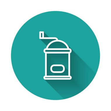 Beyaz çizgi Manuel kahve öğütücü ikonu uzun gölgeli izole edilmiş. Yeşil daire düğmesi. Vektör İllüstrasyonu.