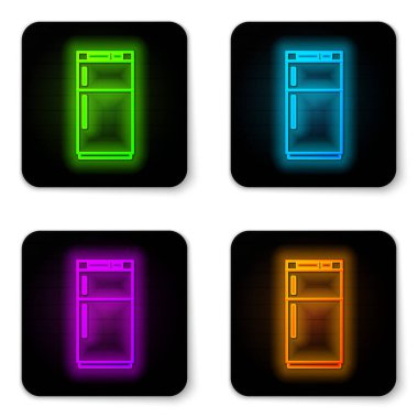 Parlayan neon hattı buzdolabı simgesi beyaz arkaplanda izole edildi. Buzdolabı buzdolabı. Ev aletleri ve aletler. Siyah kare düğme. Vektör İllüstrasyonu.