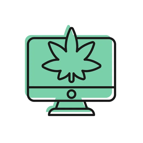 Black Line Monitor Ordenador Marihuana Medicinal Icono Hoja Cannabis Aislado — Archivo Imágenes Vectoriales