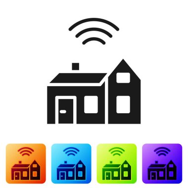 Beyaz arka planda kablosuz ikonu olan Black Smart evi. Uzaktan kumanda. İnternet kavramının kablosuz bağlantısı. Renkli kare düğmelerle simgeleri ayarla. Vektör.