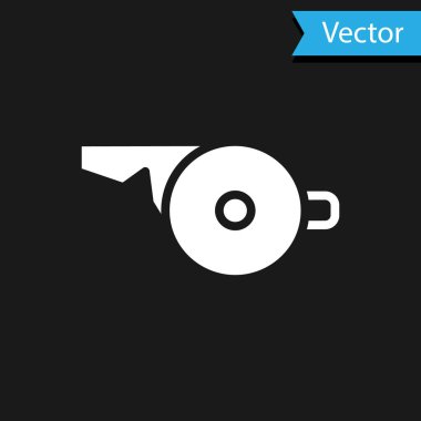 Beyaz Düdük simgesi siyah arkaplanda izole edildi. Hakem sembolü. Spor ve spor burcu. Vektör.