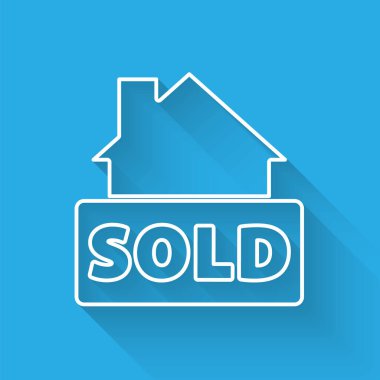 Uzun gölgeli izole edilmiş metin ikonu satılan beyaz çizgi asılı işareti. Çıkartma satıldı. Tabela satıldı. Vektör.