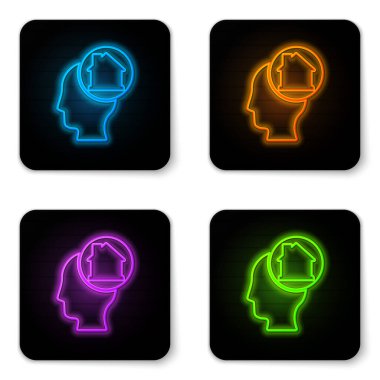 Parlayan neon adam beyaz arka planda izole edilmiş yeni bir ev ikonu almayı hayal ediyor. Siyah kare düğme. Vektör.
