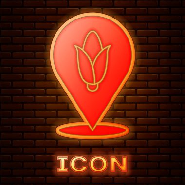 Parlayan neon konum mısır ikonu tuğla duvar arka planında izole. Vektör.