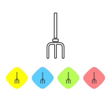 Gri çizgi bahçe dirgen simgesi beyaz arka planda izole edildi. Bahçe çatalı işareti. Bahçecilik, tarım, çiftçilik aleti. Renkli eşkenar dörtgen düğmelerine simgeleri yerleştir. Vektör.