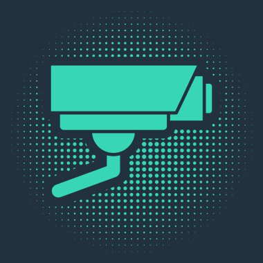 Mavi arkaplanda yeşil güvenlik kamerası simgesi izole edildi. Soyut çember rastgele noktalar. Vektör.