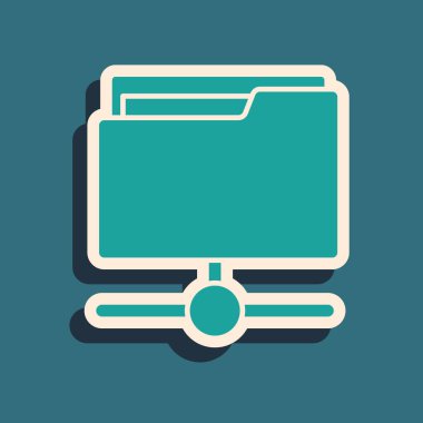 Yeşil FTP dizin simgesi yeşil arkaplanda izole edildi. Yazılım güncellemesi, transfer protokolü, yönlendirici, takım çalışması aracı yönetimi, kopyalama süreci, bilgi. Uzun gölge tarzı. Vektör.