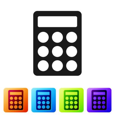 Beyaz arkaplanda siyah parola koruması ve güvenlik erişim simgesi var. Güvenlik, güvenlik, koruma, gizlilik kavramı. Renkli kare düğmelerle simgeleri ayarla. Vektör.