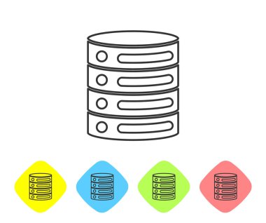 Gri çizgi sunucusu, Data, Web sunucu simgesi beyaz arkaplanda izole edildi. Renkli eşkenar dörtgen düğmelerine simgeleri yerleştir. Vektör.