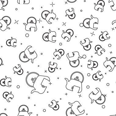 Siyah çizgi geleneksel çay töreni ikonu beyaz arka planda izole edilmiş pürüzsüz desen. Fincanlı çaydanlık. Vektör.