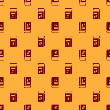 Yaprak ikonlu kırmızı tıp kitabı kahverengi arka planda lekesiz desen izole etti. Vektör.