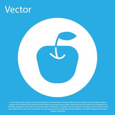 Mavi Elma simgesi mavi arkaplanda izole edildi. Yaprak sembollü meyve. Beyaz daire düğmesi. Vektör.