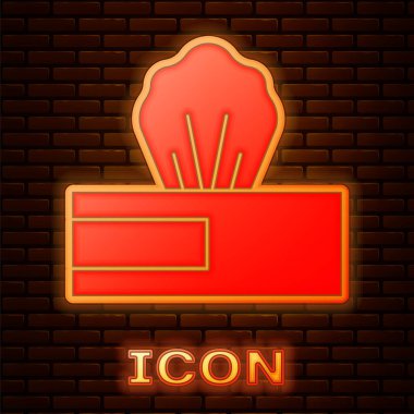 Parlayan neon rengi ıslak mendil simgesi tuğla duvar arkasında izole edildi. Vektör..