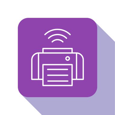 Beyaz çizgi Akıllı yazıcı sistemi simgesi beyaz arkaplanda izole edildi. İnternet kavramının kablosuz bağlantısı. Mor kare düğme. Vektör.