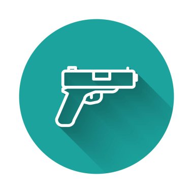 Beyaz çizgi tabanca ya da uzun gölgeli silah ikonu. Polis ya da askeri silah. Küçük ateşli silah. Yeşil daire düğmesi. Vektör.