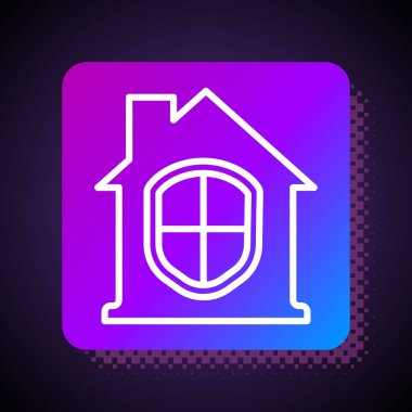 Beyaz Saray koruma altında. Siyah arka planda izole edilmiş bir ikon. Ev ve kalkan. Koruma, güvenlik, güvenlik, koruma, savunma konsepti. Kare renk düğmesi. Vektör.