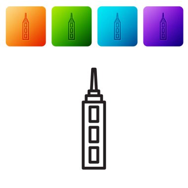 Siyah çizgi gökdelen simgesi beyaz arkaplanda izole edildi. Metropolis mimarisi panoramik manzara. Renkli kare düğmelerle simgeleri ayarla. Vektör.