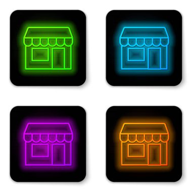 Parlayan neon hattı alışveriş binası veya market simgesi beyaz arka planda izole edildi. Dükkan inşaatı. Siyah kare düğme. Vektör.