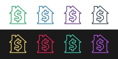 Beyaz ve siyah arkaplanda dolar sembolü olan çizgi evi belirle. Ev ve para. Emlak konsepti. Vektör.