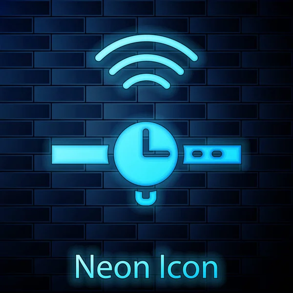 Parlayan Neon Renkli Smartwatch Simgesi Tuğla Duvar Arka Planında Izole — Stok Vektör