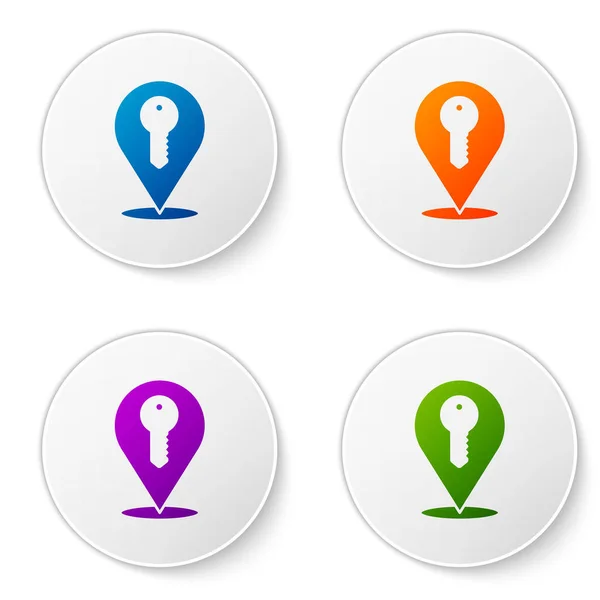颜色位置键图标隔离在白色背景上 房子统包的概念 在圆形按钮中设置图标 — 图库矢量图片