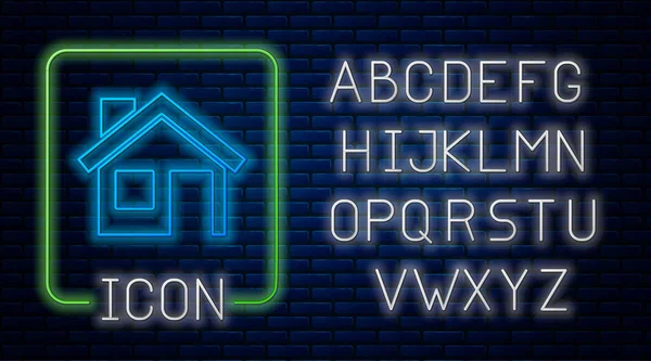 Gloeiende Neon House Icoon Geïsoleerd Bakstenen Muur Achtergrond Huissymbool Neon — Stockvector