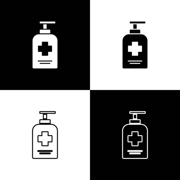 设置瓶子的液体抗菌肥皂与配药图标隔离在黑白背景 防腐剂消毒 护肤B — 图库矢量图片