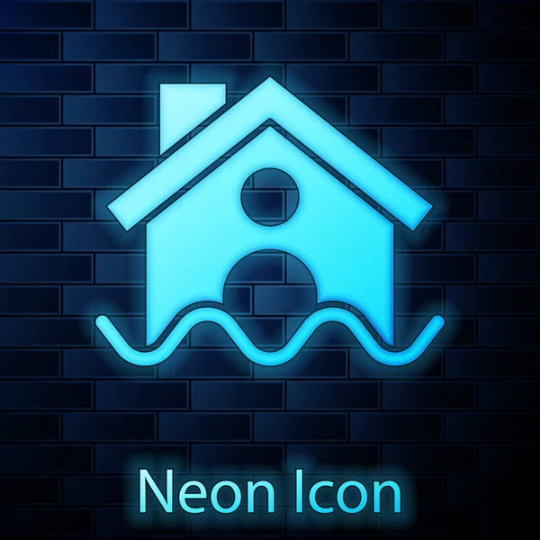 Glowing Neon House Flood Icon Isolated Brick Wall Background Home — Stock Vector