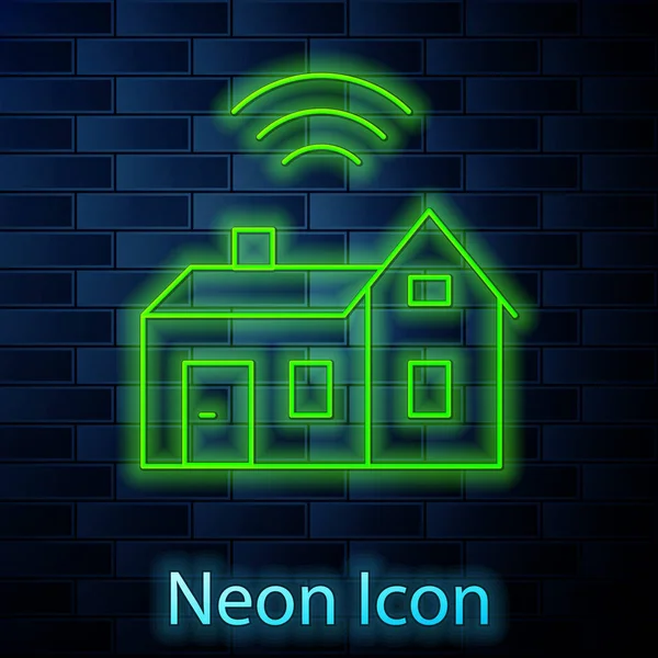 Glowing Neon Line Smart Home Wireless Icon Isolated Brick Wall — Stock Vector
