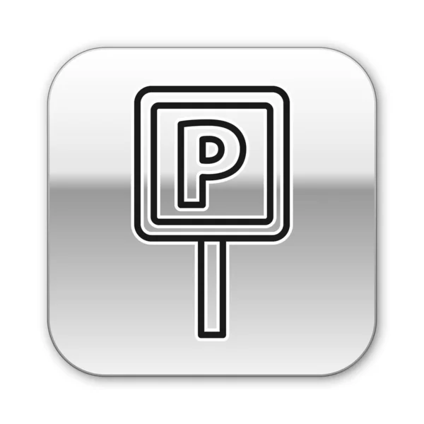 黑线停车场图标孤立在白色背景 街道路标 银方按钮 — 图库矢量图片
