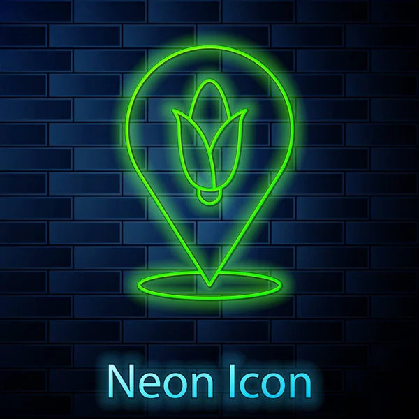 Glowing Neon Line Location Corn Icon Isolated Brick Wall Background — Stock Vector