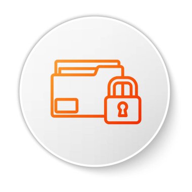 Turuncu çizgi dizini ve kilit simgesi beyaz arkaplanda izole edildi. Kapalı dosya ve asma kilit. Güvenlik, güvenlik, koruma kavramı. Beyaz daire düğmesi. Vektör.