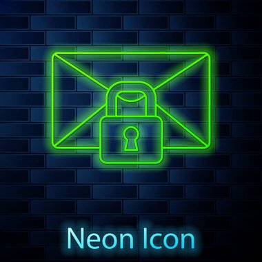 Parlayan neon hattı E- posta iletisi kilidi parola simgesi tuğla duvar arka planında izole edildi. Asma kilitli zarf. Özel, güvenlik, güvenlik, koruma, gizlilik. Vektör.