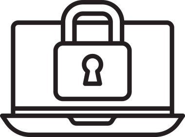 Siyah çizgi dizüstü bilgisayar ve kilit simgesi beyaz arkaplanda izole edildi. Bilgisayar ve asma kilit. Güvenlik, güvenlik, koruma kavramı. Güvenli bir ağ. Vektör.