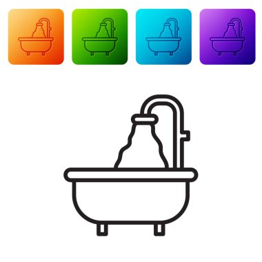 Beyaz arka planda siyah çizgi küvet ikonu izole edildi. Renkli kare düğmelerle simgeleri ayarla. Vektör.