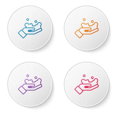 Renk çizgisi, beyaz arka planda izole edilmiş sabun ikonu ile ellerini yıkıyor. Virüs ve bakterileri önlemek için ellerini sabunla yıkıyorsun. Simgeleri daire düğmelerine ayır. Vektör..