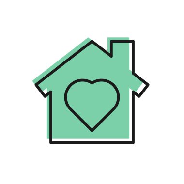 Beyaz arka planda izole edilmiş, içinde kalp olan siyah çizgi bir ev. Aşk ev sembolü. Aile, emlak ve gayrimenkul. Vektör..