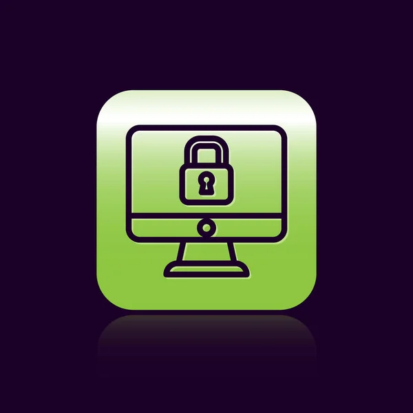 黑线锁定在计算机监控屏幕图标上 在黑色背景下隔离 保护概念 安全的互联网 绿色正方形按钮 — 图库矢量图片