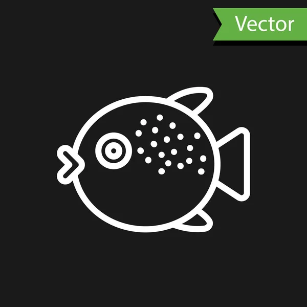 Línea Blanca Icono Pez Globo Aislado Sobre Fondo Negro Fugu — Vector de stock