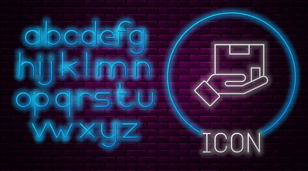 Ragyogó Neon Vonal Szállítási Biztosítási Ikon Elszigetelt Téglafal Háttér Biztosított — Stock Vector