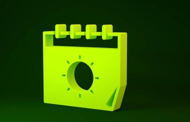 Sarı takvim ve güneş ikonu yeşil arkaplanda izole edildi. Olay hatırlatma sembolü. Minimalizm kavramı. 3d illüstrasyon 3B canlandırma