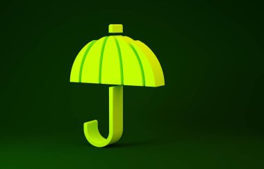 Yeşil arkaplanda izole edilmiş sarı klasik, zarif, açık şemsiye simgesi. Yağmur koruma sembolü. Minimalizm kavramı. 3d illüstrasyon 3B canlandırma