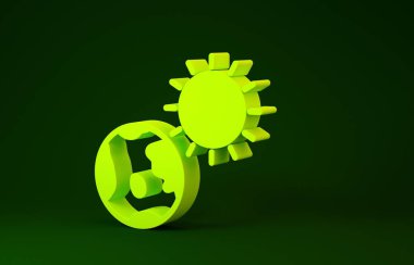 Sarı Dünya küresi ve güneş ikonu yeşil arka planda izole edilmiş. Dünya ya da Dünya işareti. Küresel internet sembolü. Geometrik şekiller. Minimalizm kavramı. 3d illüstrasyon 3B canlandırma