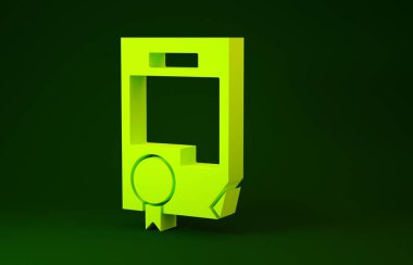 Yeşil arkaplanda sarı sertifika şablon simgesi izole edildi. Başarı, ödül, diploma, burs, diploma. İş başarısı sertifikası Minimalizm kavramı. 3d illüstrasyon 3B canlandırma